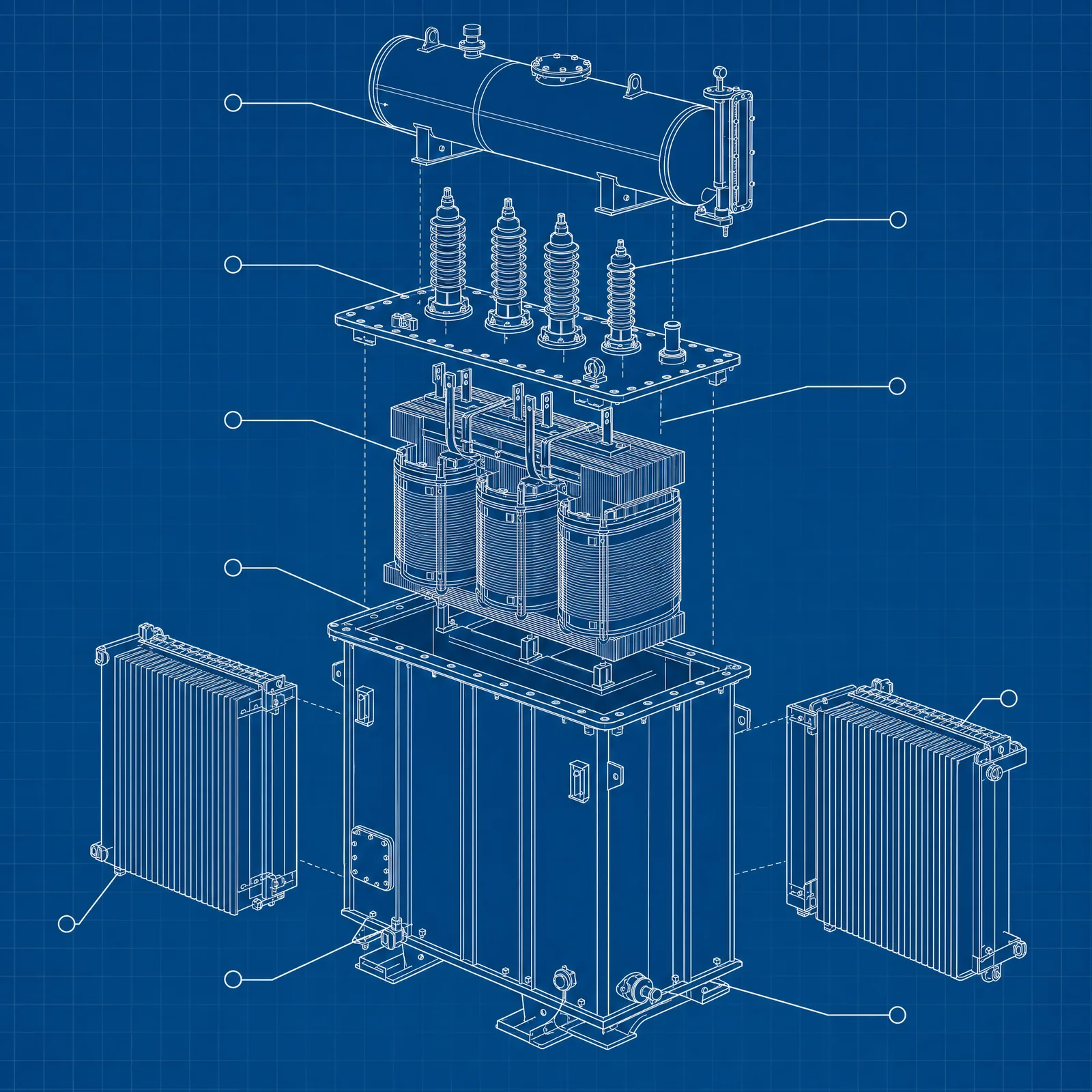 Oil-filled transformer, exploded view - every field traces to its clause